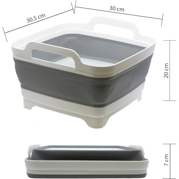 8,5 liters hopfällbart handfat i polypropen/TPR - Längd 30,5 cm - Bredd 30 cm - Höjd 20 cm (utfälld) - 7 cm (ihopfälld) (Grå)