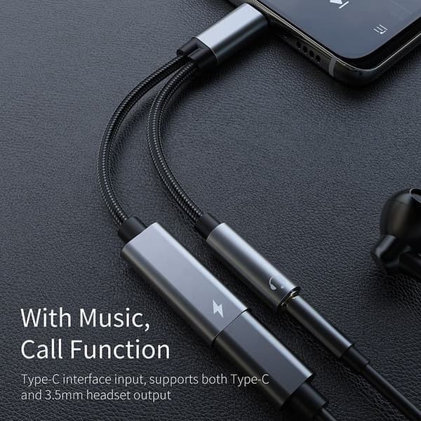 USB-C adapter til 3,5 mm hovedtelefoner og USB-C oplader Sort