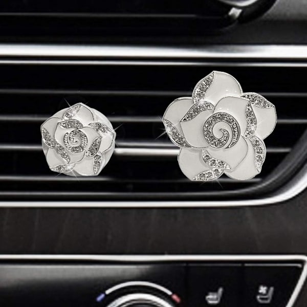 Auton bling-koriste, auton sisustus bling, ilmaventtiilin koriste kiiltävillä strassilla, timanttiklipsi - valkoiset kukat (1 pari)