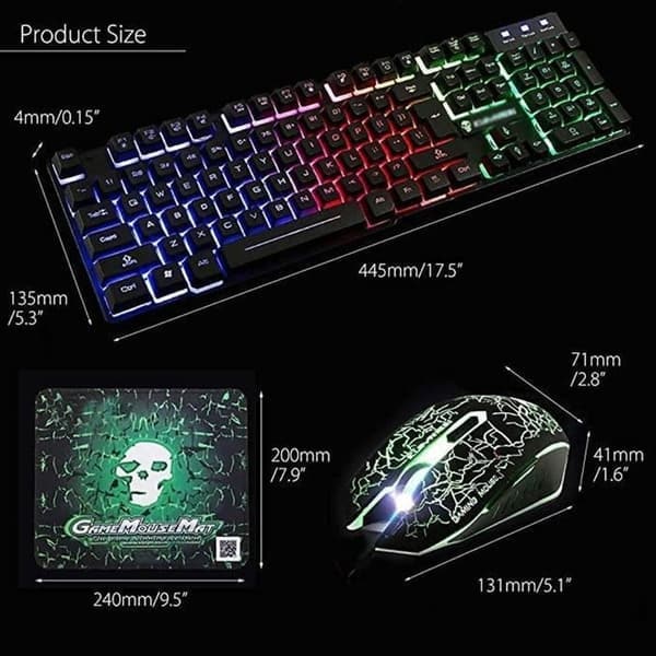 /QD/ Regnbågsbakgrundsbelyst USB Gaming Tangentbord + 2400 DPI LED Gaming Mus 6 knappar + Musmatta Svart