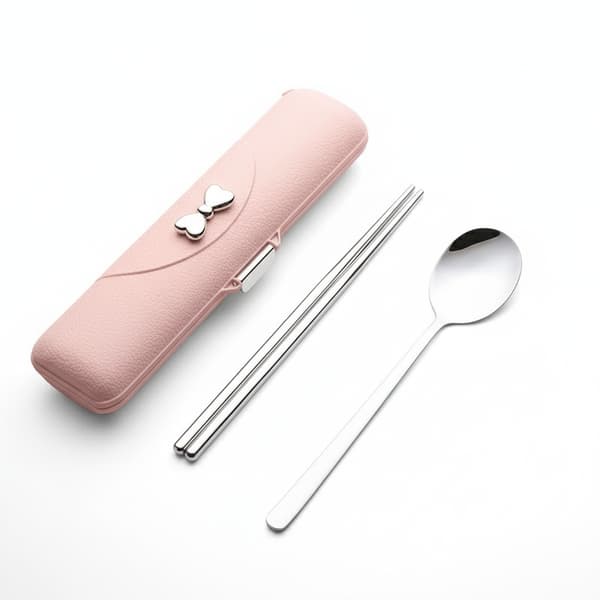 304 rustfritt stål 3-delt bestikksett, bærbart bestikk med etui for camping, reise, studenter (rosa)