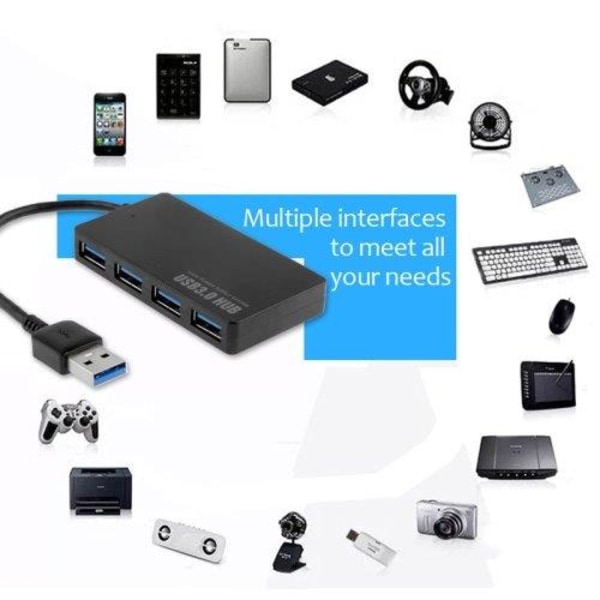 USB 3.0 hub med 4x USB-porter (høyhastighet) - Opptil 5 Gbps
