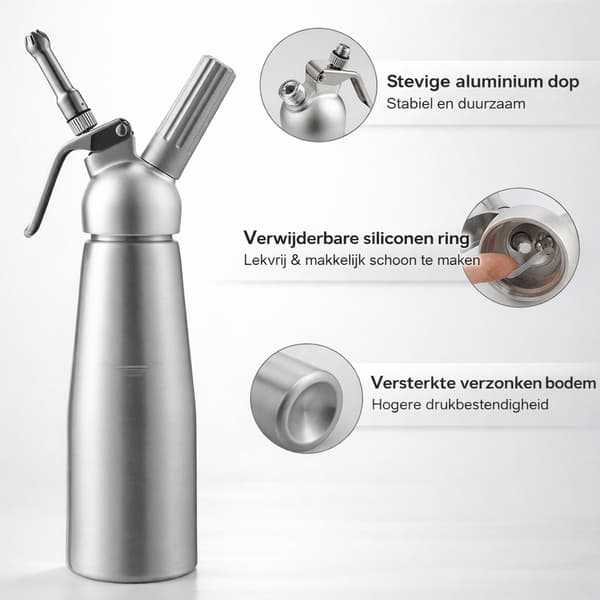 Flødeskumsdispenser 500 ml aluminium med dyser i rustfrit stål, professionel flødemaskine til desserter, kaffe og bagværk, sølv