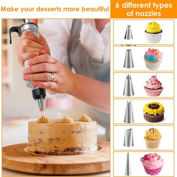 Kagedekorationssprøjtesæt med 6 dyser Glasurdispenser til cupcakes og dessertdekoration Sort
