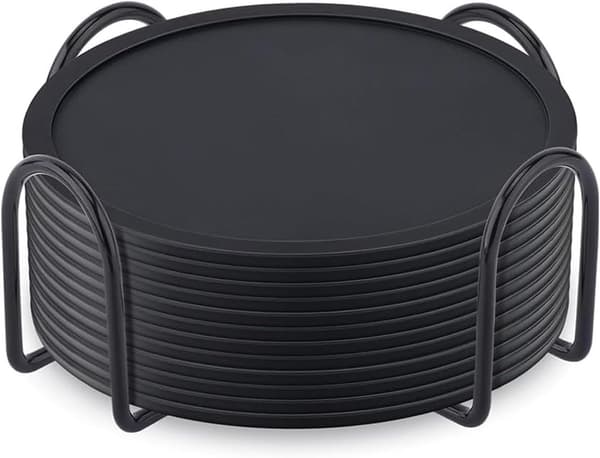 12-pak silikone coasters, med jernstativ, til varme/kolde drikke, sort, tyk
