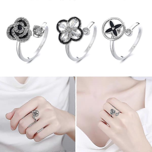 Ångestdämpande Ringar Justerbara Öppna Ringar Blomformade Ringar Med Zirkon B