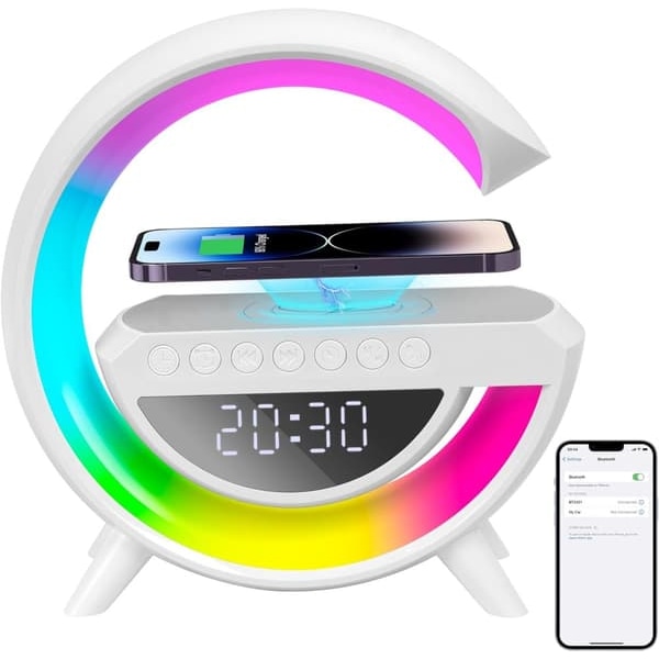 RGB LED-lampa, induktionsladdare, radio, väckarklocka