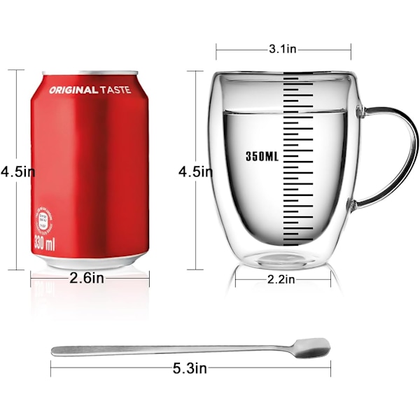 QU*LIBWYS 4 kpl 350 ml kahvikuppeja, joissa on kaksoisseinämät, lasimukit 4 lusikalla, cappuccino latte -teekupit kahvoilla, lämmönkestävä kuppi juomalasi