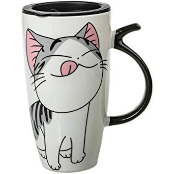 \"QD\" Lyckokatt Mugg 600ml - Stor XXL Vit Porslinsmugg - Japansk Te & Kaffemugg - Med Isolerat Lock - Lyckokatt