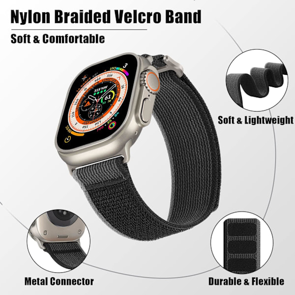 [QD] Apple Watch-rem 42 mm 44 mm 45 mm 49 mm, blød nylonflettet velcrorem til Apple Watch Ultra 2 Ultra Series 9 8 7 SE 6 5 4, sort/grå