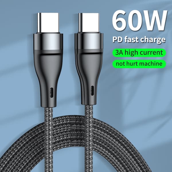QU-USB C til USB C Hurtigladekabel PD 60W Type C Laderledning Nylon 3A Hurtigladekabel 2M Black