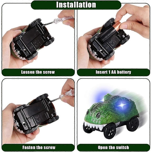 QU/Korvaava leikkirata-auto, LED-valaistu dinosaurusauto on yhteensopiva useimpien ratojen kanssa, ratatarvikkeet (2 kpl)