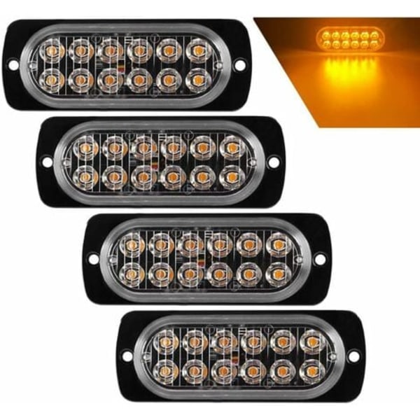 #QD#4stk Ultra Slim 12LED nødstrobelys gul varsellys blinkende varsellamper Universal for bilkjøretøy Lastebil 12-24V