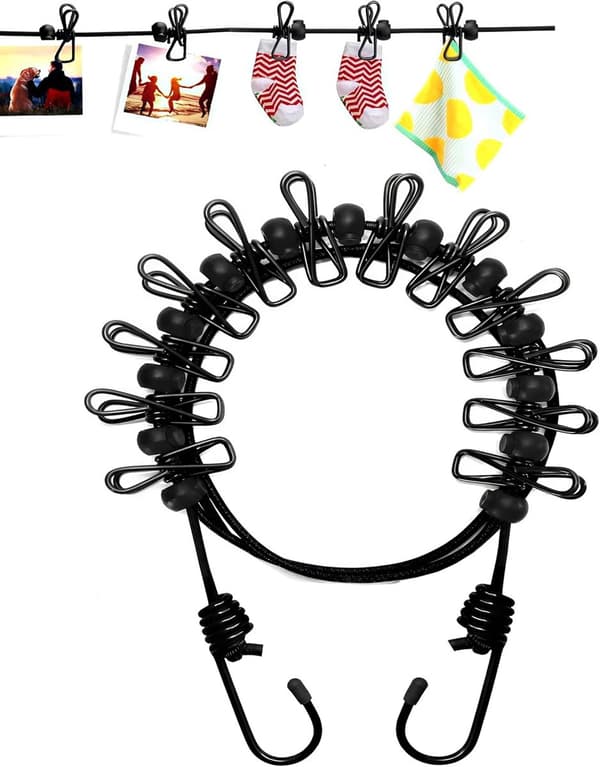 Bærbar tørresnor, 1,8 m med 12 clips, elastisk, udtrækkelig, sort