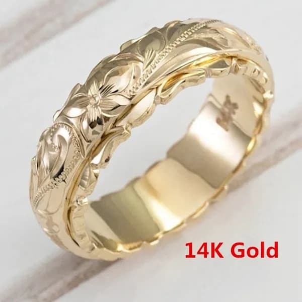 Eksklusiv 14k gullring for kvinner, anheng med gravert blomst Gull Gold 9