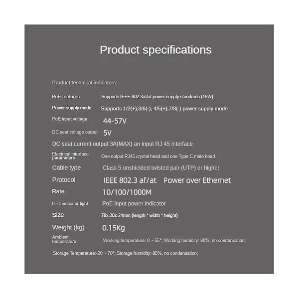QD-Gigabit PoE-splitter 5v3a 1000mbps Typ-C Power Over Ethernet for IP-kamera
