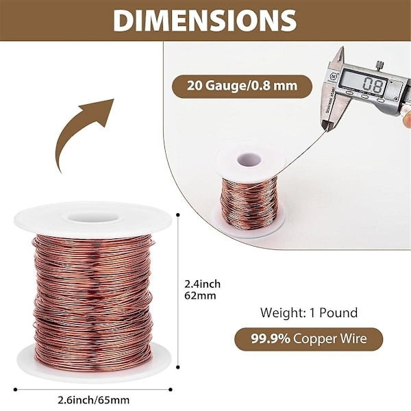 99,9% Blød Kobbertråd, 20 Gauge/ 0,8 mm Diameter, 328 Fod/ 100 M, 1 Pund Spole Ren Kobbertråd