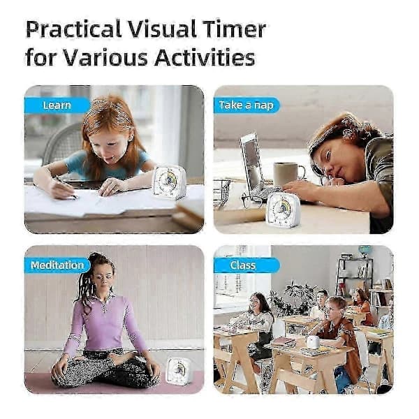 60-minutters visuell timer med nattlys, nedtellingstimer, Pomodoro-timer med regnbuemønster for barn og voksne, hvit