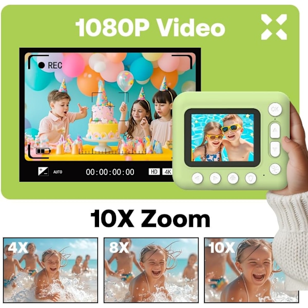 Instant Børne Fotokamera, 1080P 2.4\" Instant Print Kamera til Børn med Termisk Papir Farve Tusser Halsrem, Grøn Green