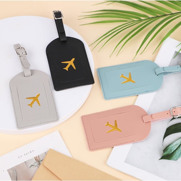 4 stk bagasjelapper, PU-skinn bagasjelapp med justerbar reim, reiseveskeetiketter, bagasjelapper med konfidensialitet, bagasjelapper (4 farger)