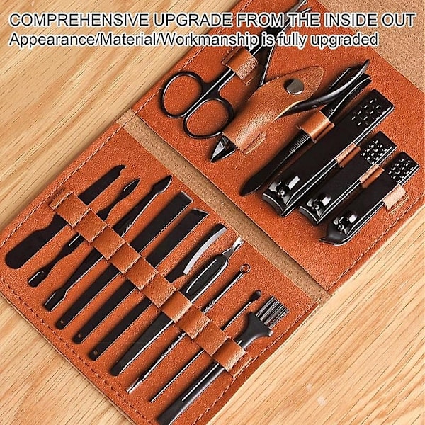 \"QD\" Reseset för manikyr och pedikyr - Nagelklippare, Pedikyrset, 16-i-1 Manikyrset, Nagelsax, Grooming Kit med Läderfodral