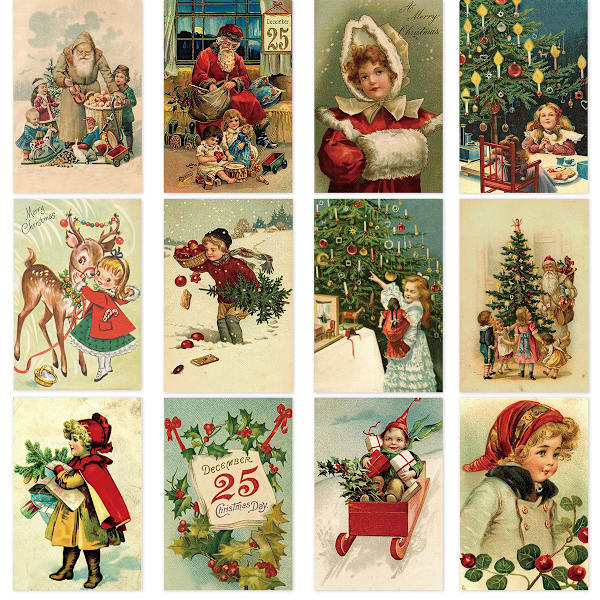 QU)12 st Retro Julserie Vykort God Jul Hälsningskort Fe Kvinna Älg Gammal Man