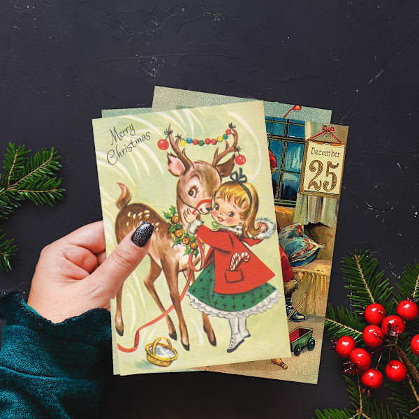 QU)12 st Retro Julserie Vykort God Jul Hälsningskort Fe Kvinna Älg Gammal Man