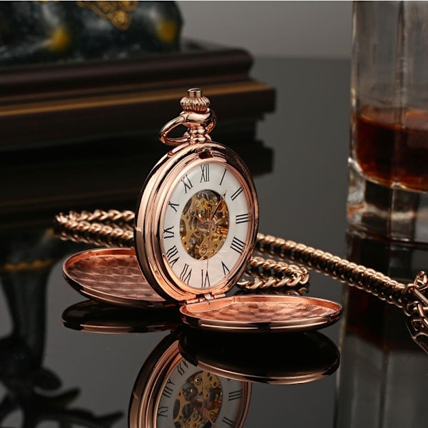 \"QD\" Pocket Watch with Chain, Vintage Classic Double Hunter Hollow Mechanical Pocket Watch, Engraved Roman Numerals Hand-Wound Watch