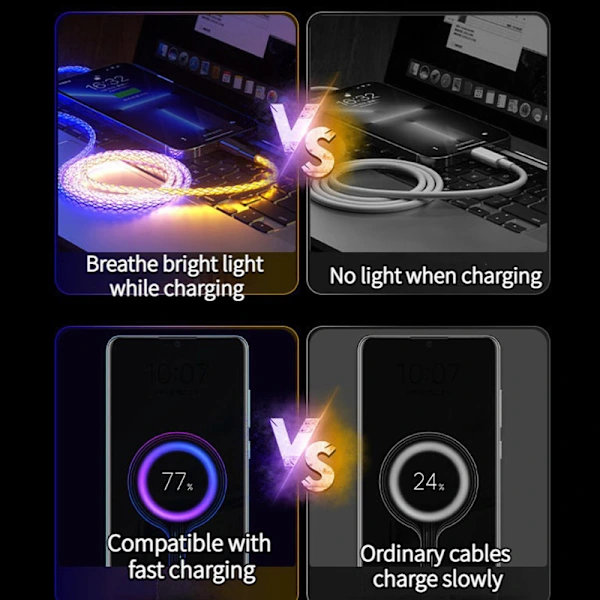 Lysande LED-ljuskabel Snabbladdningskabel Typ C Micro USB