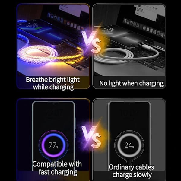 Lysande LED-valokaapeli pikalatauskaapeli tyyppi C Micro USB