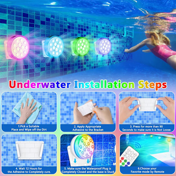 \"QD\" Poolbelysning, 4 st LED undervattenspoollampor, 16 RGB LED poollampor, fjärrkontrollampor IP68 vattentäta poollampor