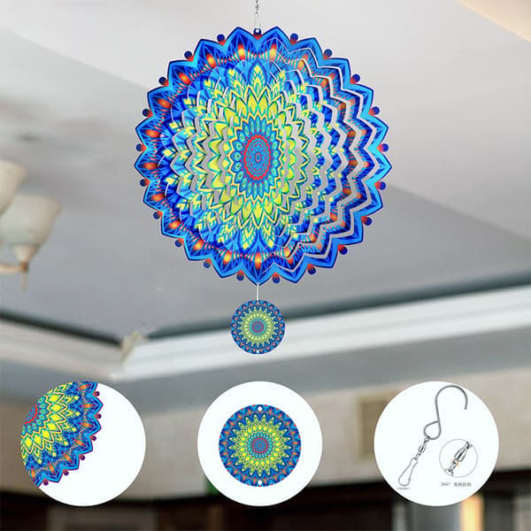 3D-pyörivä Mandala-tuulikello - Keltainen & Sininen