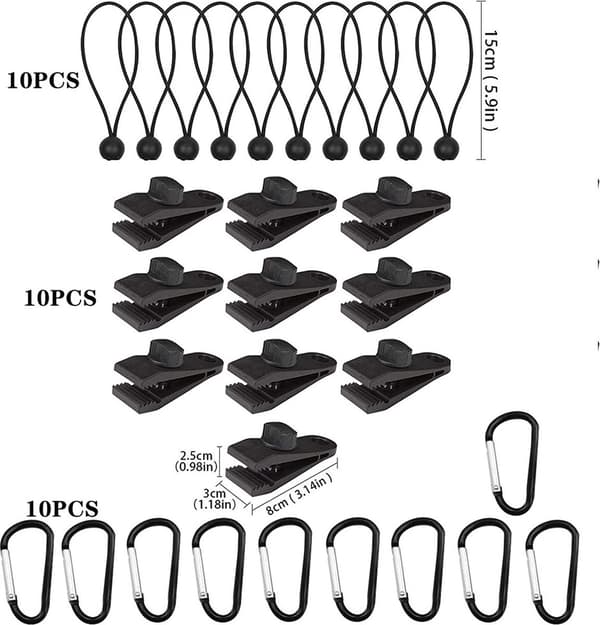 10-pack Canvas Clips, med gummistroppar & karbinhakar, för presenningar/tält