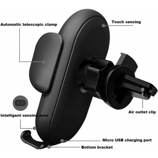 #QD#Trådløs billader, automatisk klemming billader 360° rotasjon biltelefonlader for iPhone Samsung Huawei LG Alle enheter (svart)