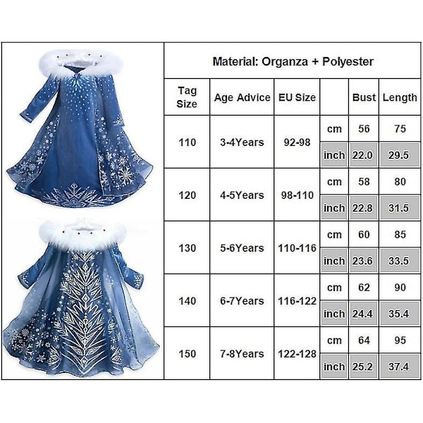 QD-Frost 2 Elsa Prinsessa Snöflinga Kostym Kappa Barn Flickor Halloween Fest Cosplay Isdrottning Maskerad Jul Födelsedag Föreställningsdräkt 5-6 År