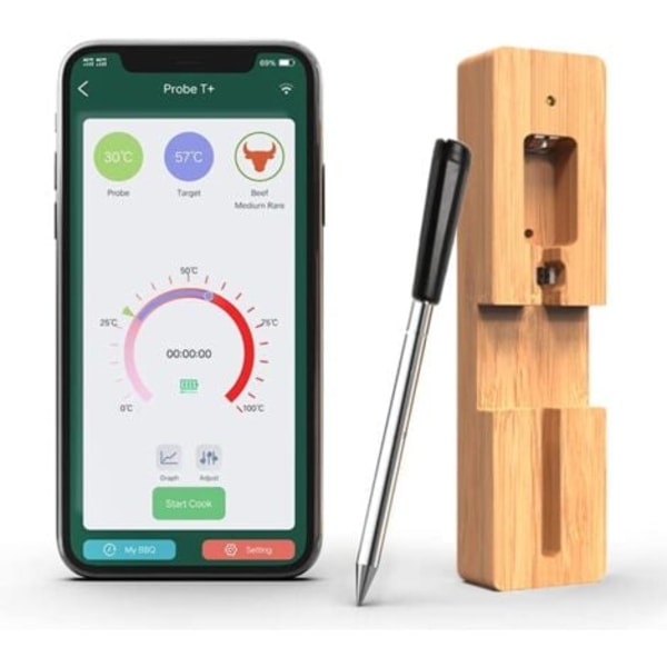 QU/Pack 50m Bluetooth Madlavningstemperaturmåler, Trådløst Kødtermometer med Timer og Alarmfunktion, Køkkentermometer til