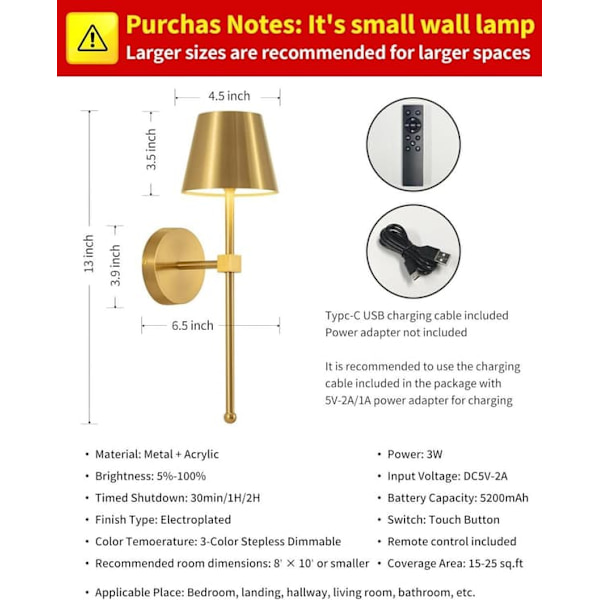 Wireless Wall Lamps 2-Pack, LED Lights with Rechargeable Battery, Stepless Dimmable with Remote Control