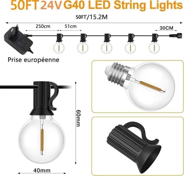 10m LED-lyssløyfe, 26 G40-lamper, Vanntett IP44