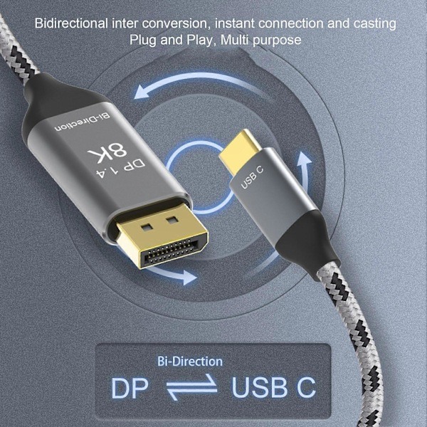 QD-USB-C - DisplayPort-kaapeli Ammattimainen Plug and Play -tuki 8K 60Hz Kaksisuuntainen siirto TYPE-C - DisplayPort-sovitin 1,8 m