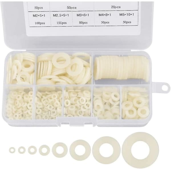 \"QD\" 500 kpl Muovialuslevyt Nylon Litteät aluslevyt M2 / M2.5 / M3 / M4 / M5 / M6 / M8 / M10 Valkoinen tiivistealuslevy teollisiin kiinnikkeisiin null none