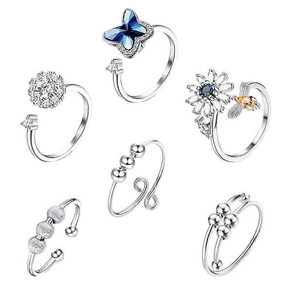 6 stk Justerbare Ringer Kvinner Enkel Fidget Ring Angst Ringer Reduser Stress Ring Fidget Ringer Kvinner Åpen Ring