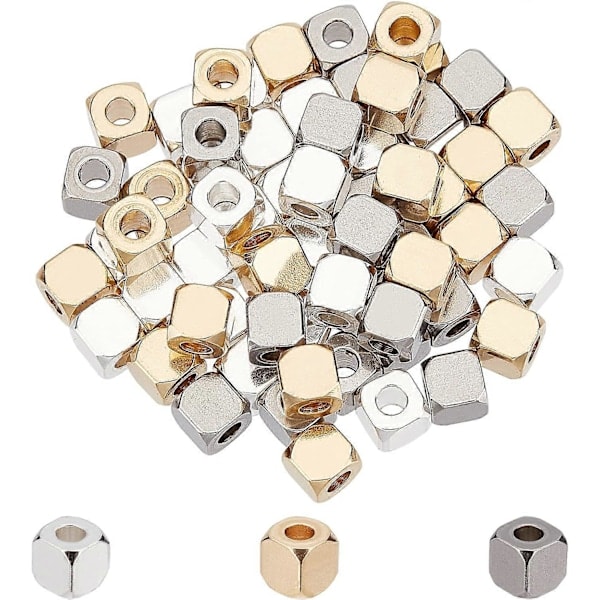 [QD] 60 st Kubpärlor i 3 färger, rostfritt stål, kvadratiska pärlor, stora hål, pärlor för smyckestillverkning, 2 mm hål