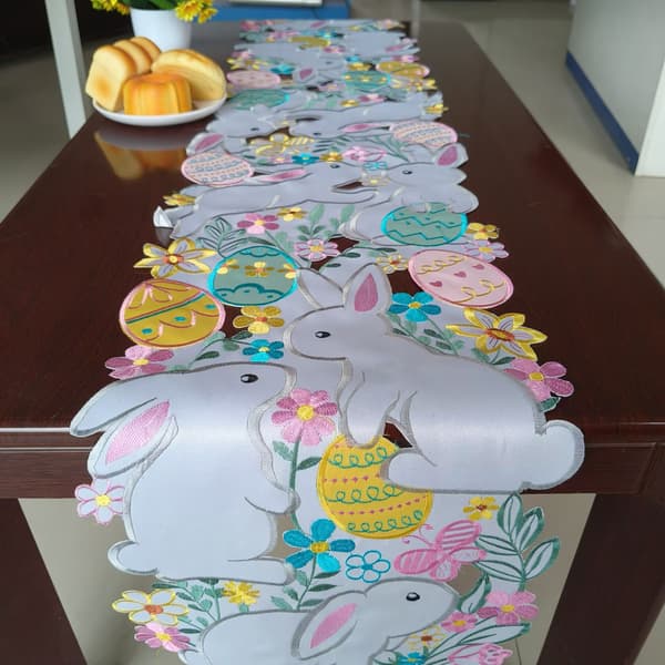 Embroidered Table Runner with Plaid Rabbit Pattern, Easter Spring Rabbit Floral Butterfly Egg Table Runner 35 x 175 cm for Easter