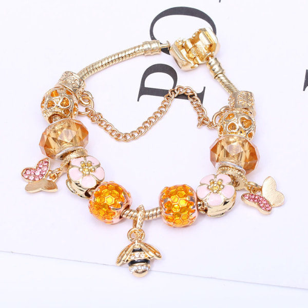 [QD] Rosa berlockarmband med tecknat tema, passar Pandora, dam DIY-smycken - bi (19 cm/7,5 tum)