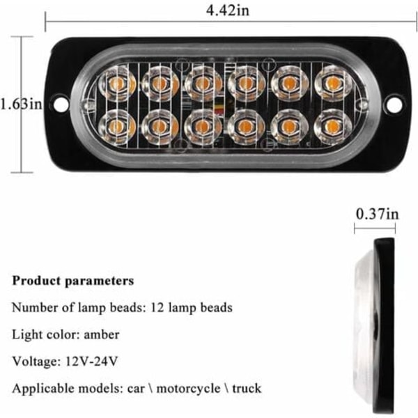 #QD#4stk Ultra Slim 12LED nødstrobelys gul varsellys blinkende varsellamper Universal for bilkjøretøy Lastebil 12-24V