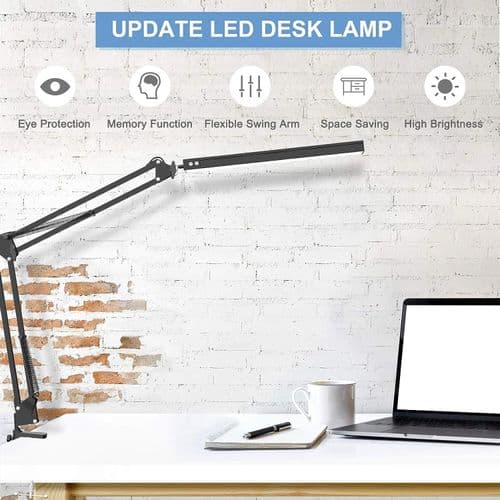 LED Desk Lamp with Clamp, Swing Arm, and Adjustable Brightness
