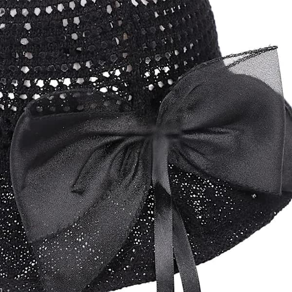 Dame Bowknot Halm Bucket Hat Floppy Bred Skygge Solbeskyttelse UV-beskyttelse Sommer Mesh Strandhat, Sort