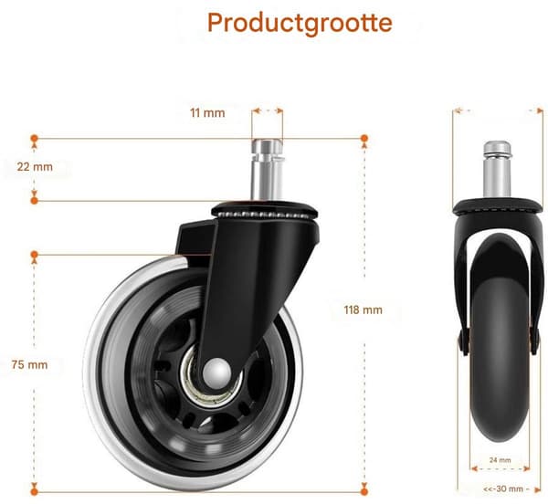Kontorstol Hjul, 11mm Hjul, 5-pak, til Hårde Gulve/PVC