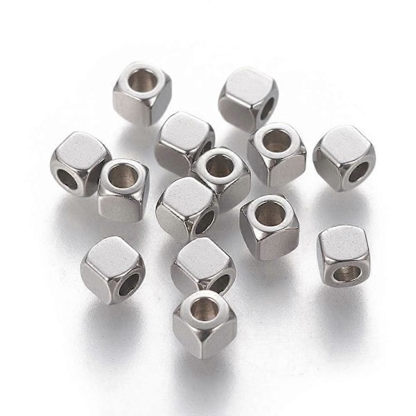 [QD] 30 stk 304 Rustfritt Stål Avstandsperler Kube Rustfritt Stål Farge 4x4x4mm Hull: 2mm