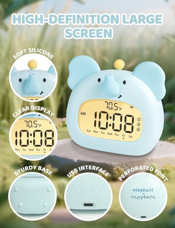 Børnevækkeur, Elefant Natlampe, Digital Søvntræner Med LED Display, 3 Alarmer, Nedtællingstimer, Genopladelig, Blå